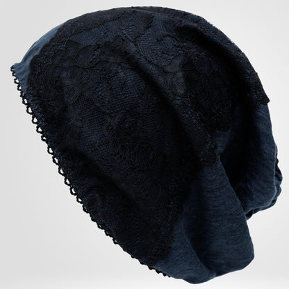 Linen Beanie Hat: Dark Blue Lace, Lightweight Chemo Cap