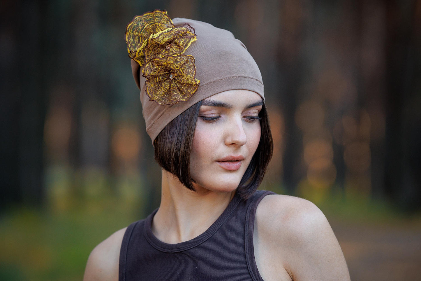 Slouchy Beanie Hat: Brown cotton cap with Lace Flowers, Size S-M.