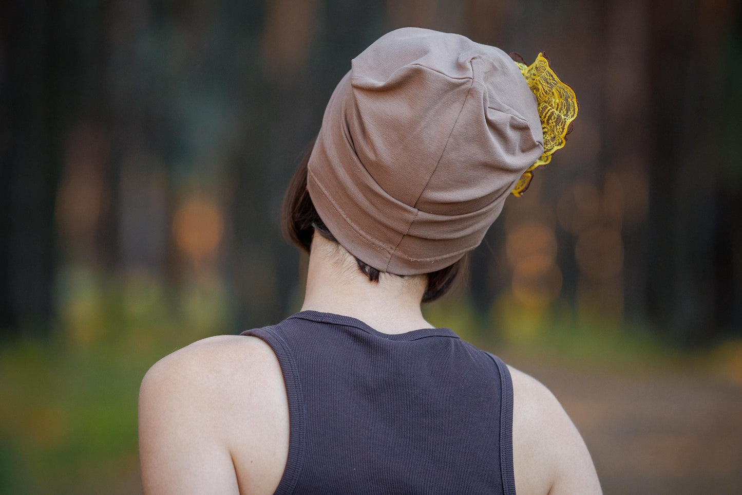 Slouchy Beanie Hat: Brown cotton cap with Lace Flowers, Size S-M.