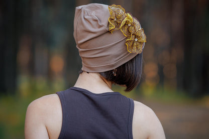 Slouchy Beanie Hat: Brown cotton cap with Lace Flowers, Size S-M.