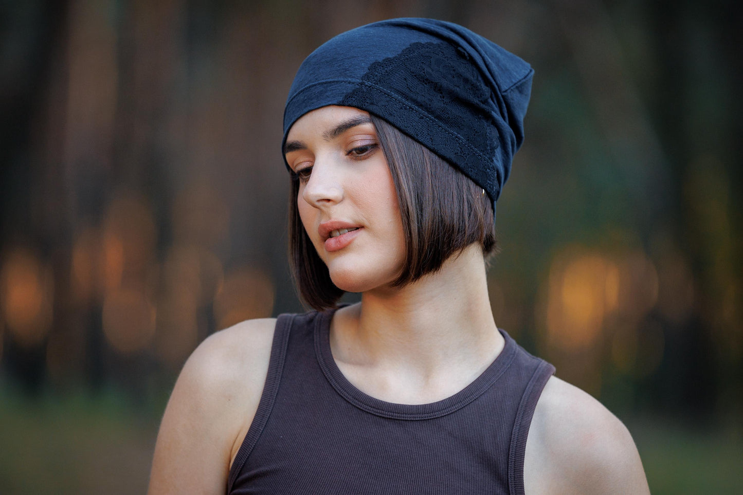 Dark Blue Linen Beanie Hat with Black Lace: Lightweight Chemo Cap S-M