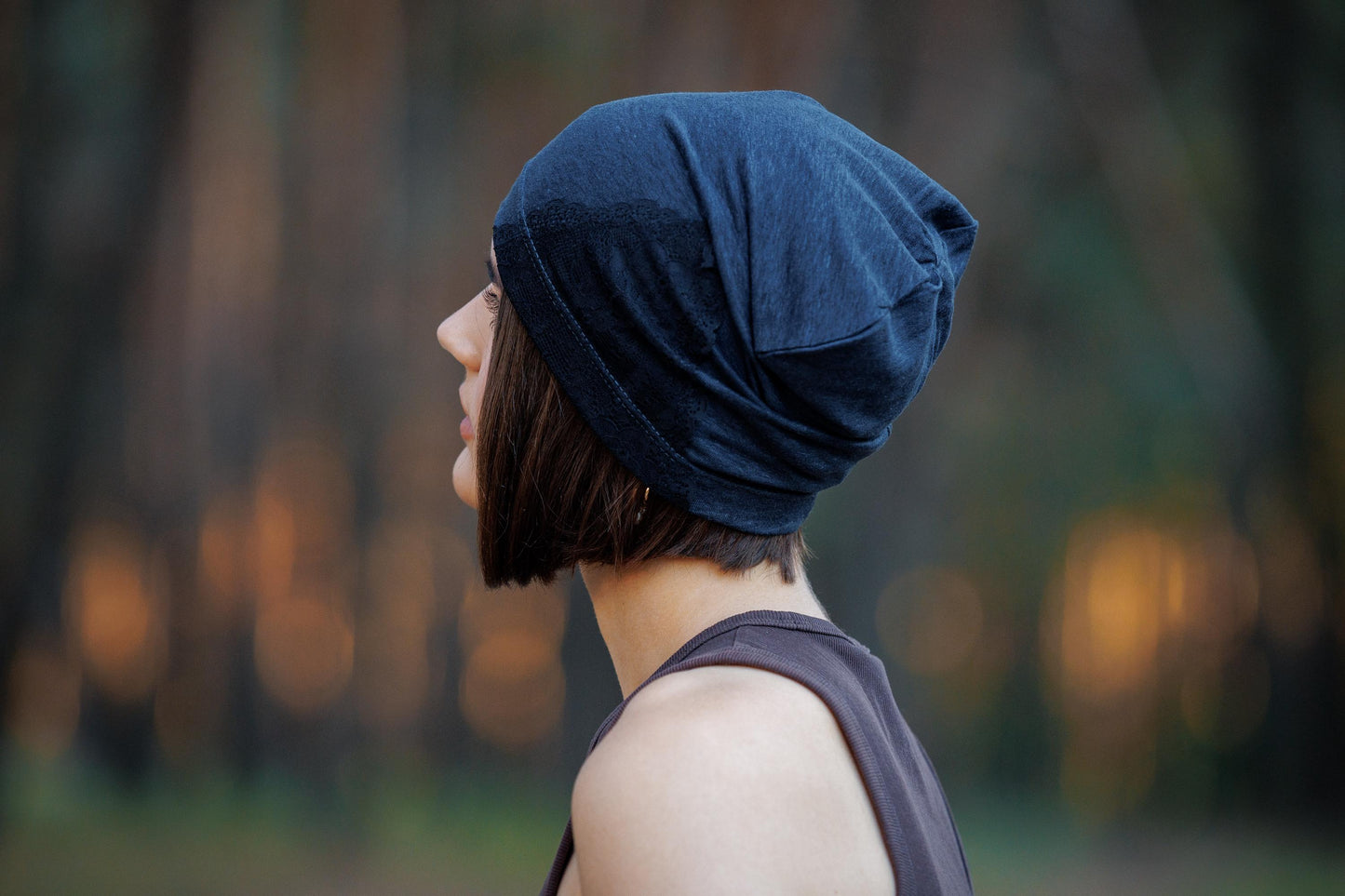 Dark Blue Linen Beanie Hat with Black Lace: Lightweight Chemo Cap S-M