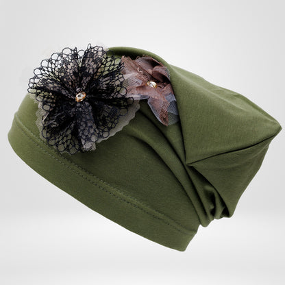 Khaki Beanie with Lace Flowers: Cotton Knit Hat, S-M