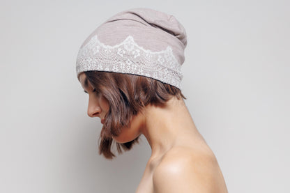 Beige slouchy beanie hat with lace. Cotton headwear size S.