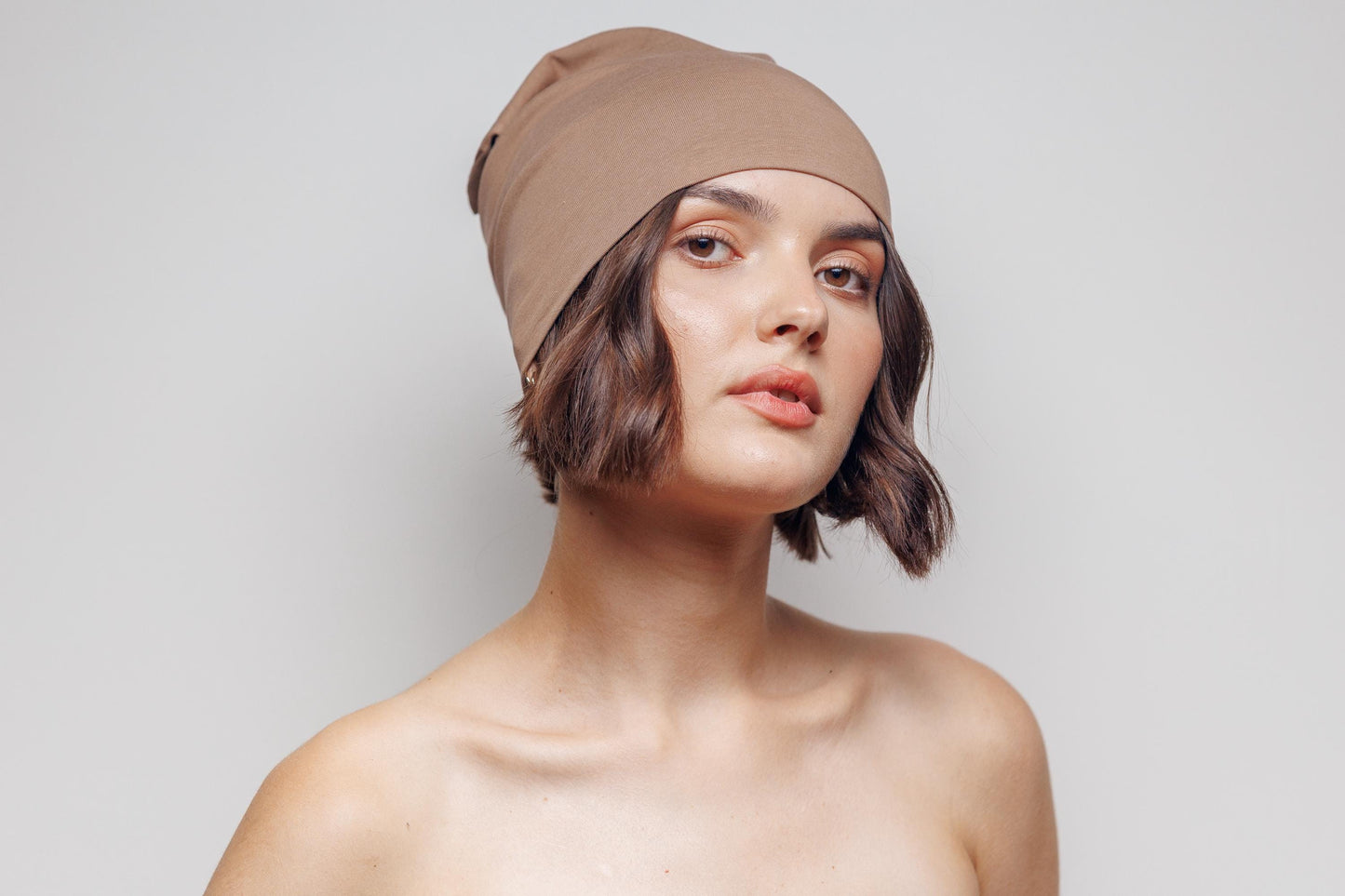 Brown Cotton Beanie Hat: Double Layer Knit, Size S-M