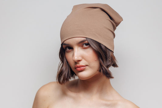 Brown Cotton Beanie Hat: Double Layer Knit, Size S-M