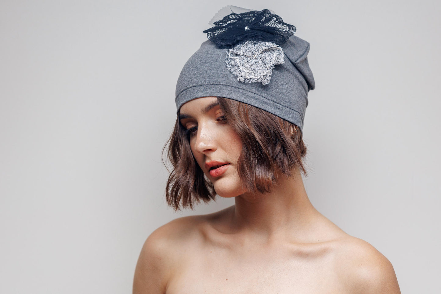 Slouchy Cotton Beanie with Lace Flowers - Grey Chemo Hat