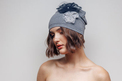 Slouchy Cotton Beanie with Lace Flowers - Grey Chemo Hat