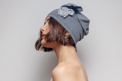 Slouchy Cotton Beanie with Lace Flowers - Grey Chemo Hat