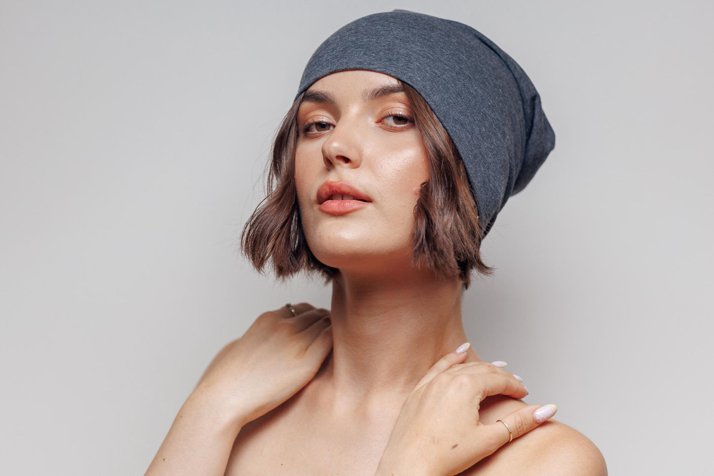 Gray Cotton Slouchy Beanie: 2-Layer Cancer Cap.