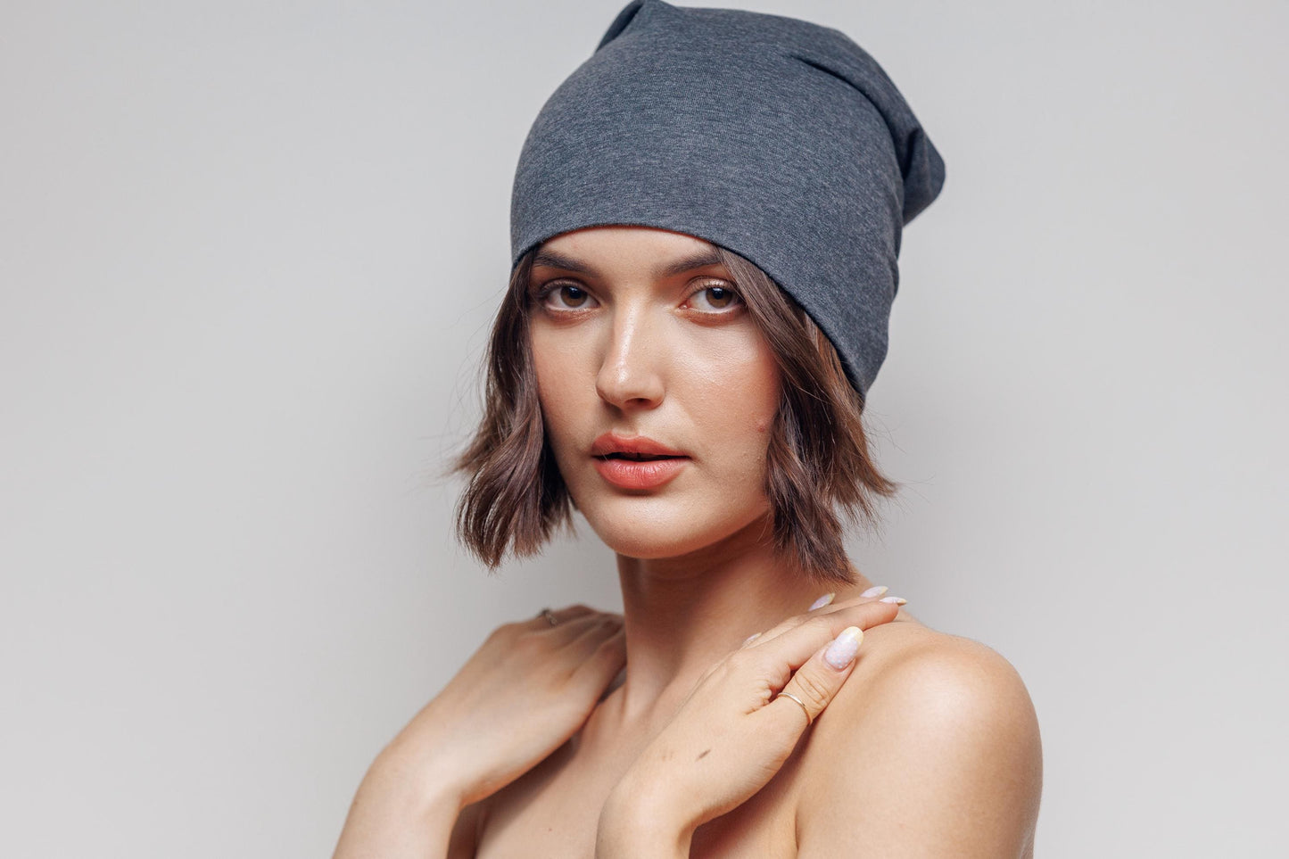 Gray Cotton Slouchy Beanie: 2-Layer Cancer Cap.
