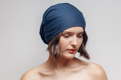 Linen Beanie Hat: Dark Blue Lace, Lightweight Chemo Cap