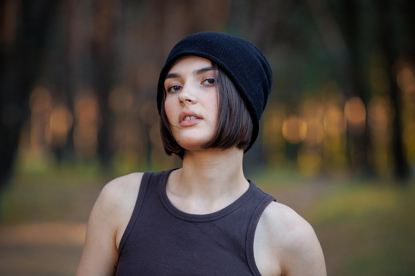 Black Linen knit beanie hat. Slouchy linen cap for man and woman.