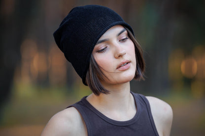 Black Linen knit beanie hat. Slouchy linen cap for man and woman.