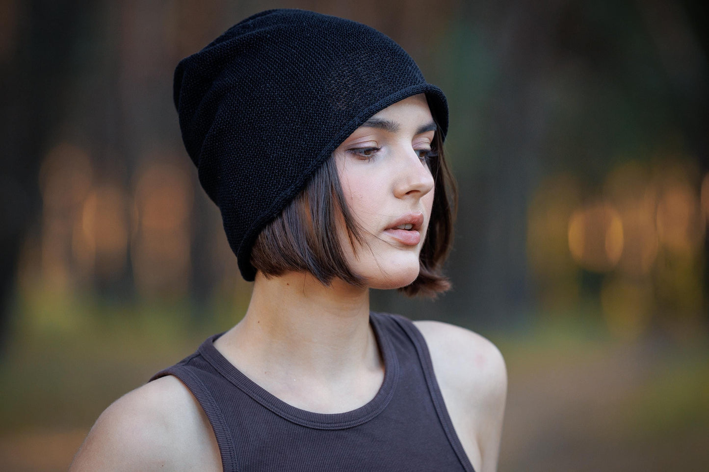 Black Linen knit beanie hat. Slouchy linen cap for man and woman.