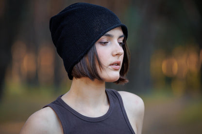 Black Linen knit beanie hat. Slouchy linen cap for man and woman.