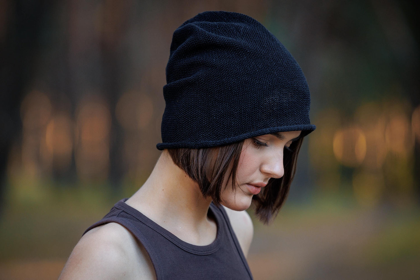 Black Linen knit beanie hat. Slouchy linen cap for man and woman.