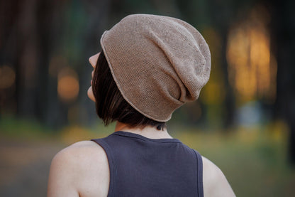 Brown Linen Knit Beanie: Slouchy Summer Cap