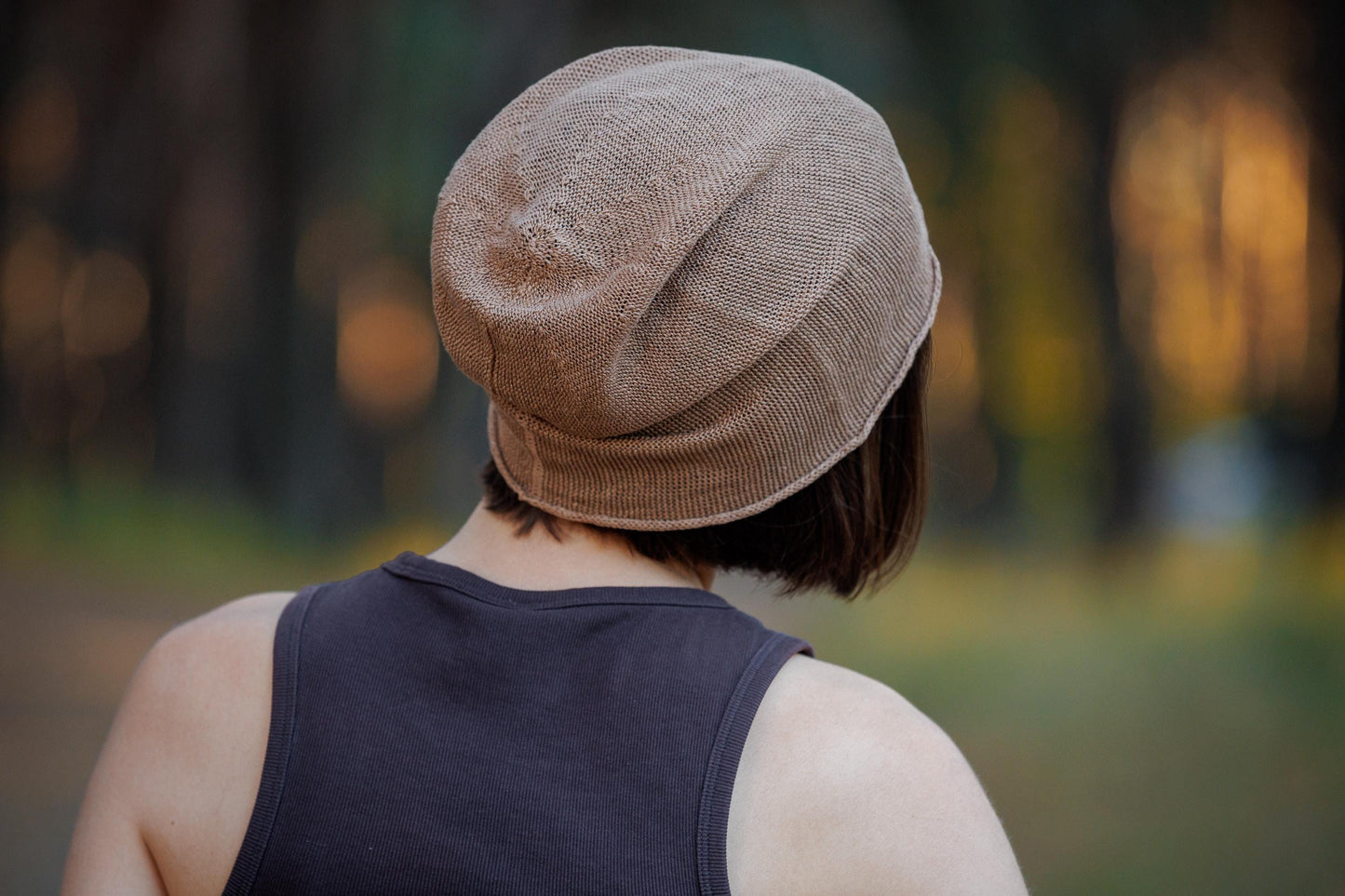 Brown Linen Knit Beanie: Slouchy Summer Cap