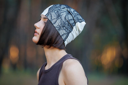 Ivory Linen Beanie Hat with Black Lace: Lightweight Chemo Cap S-M