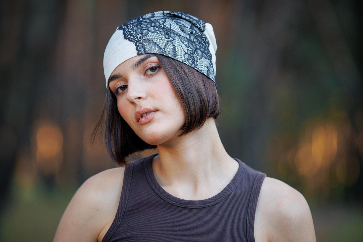 Ivory Linen Beanie Hat with Black Lace: Lightweight Chemo Cap S-M