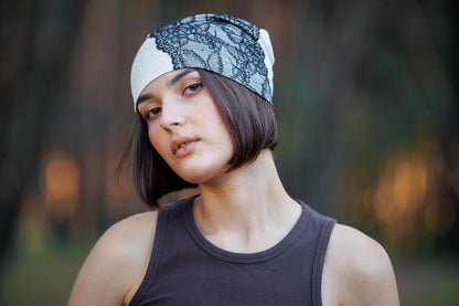 Ivory Linen Beanie Hat with Black Lace: Lightweight Chemo Cap S-M