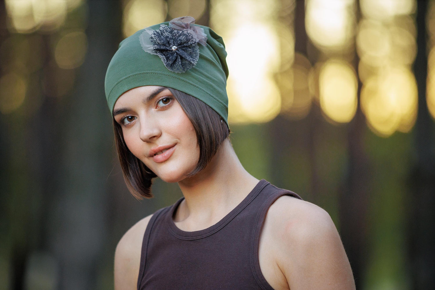 Khaki Beanie with Lace Flowers: Cotton Knit Hat, S-M