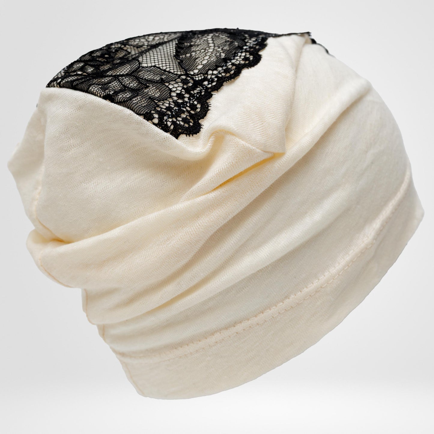 Ivory Linen Beanie Hat with Black Lace: Lightweight Chemo Cap S-M