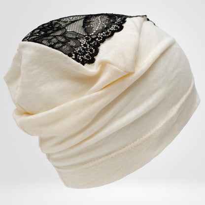 Ivory Linen Beanie Hat with Black Lace: Lightweight Chemo Cap S-M