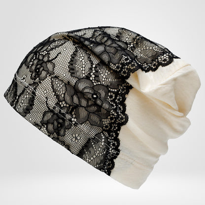 Ivory Linen Beanie Hat with Black Lace: Lightweight Chemo Cap S-M