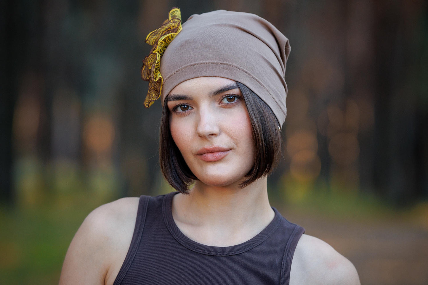 Slouchy Beanie Hat: Brown cotton cap with Lace Flowers, Size S-M.
