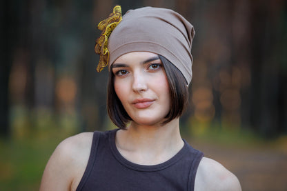 Slouchy Beanie Hat: Brown cotton cap with Lace Flowers, Size S-M.