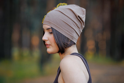 Slouchy Beanie Hat: Brown cotton cap with Lace Flowers, Size S-M.