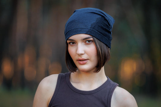 Dark Blue Linen Beanie Hat with Black Lace: Lightweight Chemo Cap S-M
