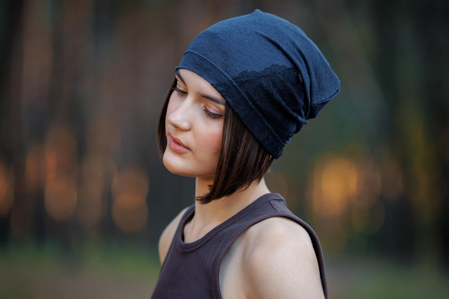 Dark Blue Linen Beanie Hat with Black Lace: Lightweight Chemo Cap S-M