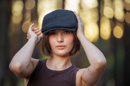 Black Linen Cotton Cap. Classic Newsboy Ivy Hat for Everyday Unisex Style for woman and man. Vintage style.