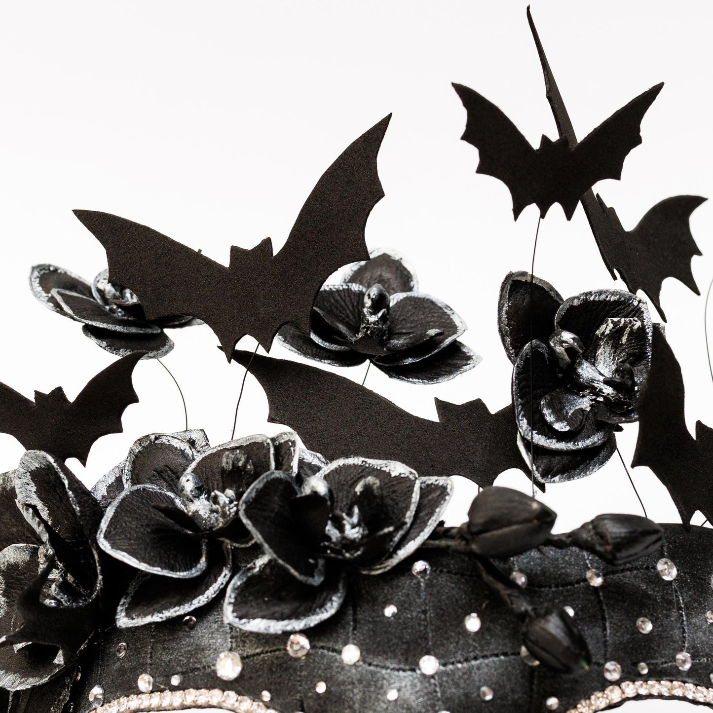 Black Bat Masquerade Mask for woman: Gothic Witch Costume, Textured Finish, Rhinestones.