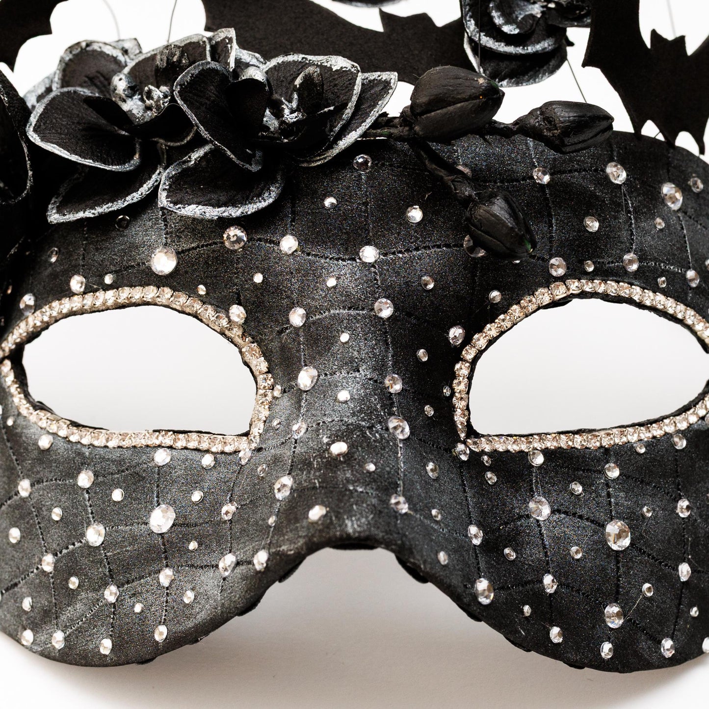 Black Bat Masquerade Mask for woman: Gothic Witch Costume, Textured Finish, Rhinestones.