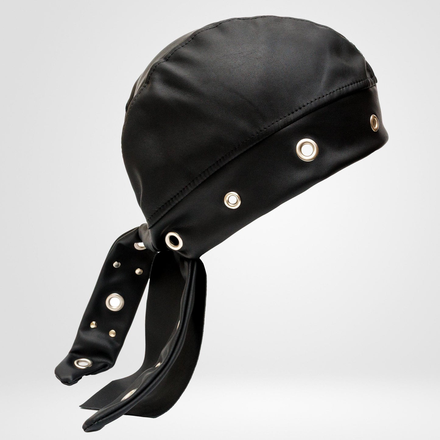 Black Vegan Leather Biker Beanie Bandana Headwrap | Unisex Skull Cap with Eyelets
