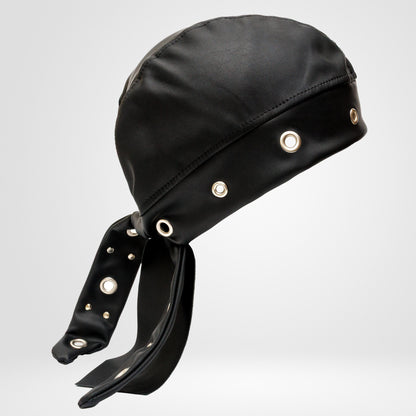 Black Vegan Leather Biker Beanie Bandana Headwrap | Unisex Skull Cap with Eyelets