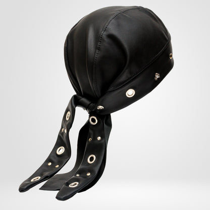 Handmade Black Faux Leather Beanie Biker Bandana – Skull Studded Headwrap