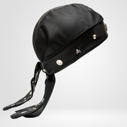 Handmade Black Faux Leather Beanie Biker Bandana – Skull Studded Headwrap