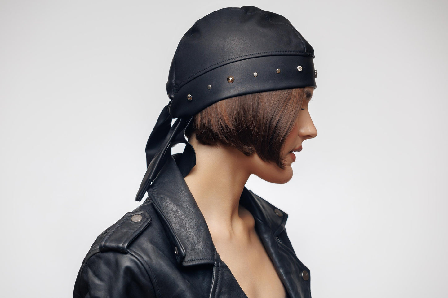 Bandana Vegan Leather with Rhinestones Rock Style Beanie Head Hat Wrap by Lederea. Size S-M.