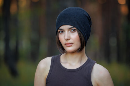 Oversized Slouchy Black Thin Cotton Beanie - Lightweight Cozy Cap. Size L-XXL.