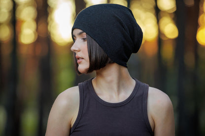 Oversized Slouchy Black Thin Cotton Beanie - Lightweight Cozy Cap. Size L-XXL.