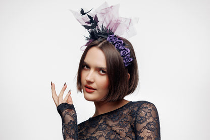 Fascinator headband with bat and purple flowers. Halloween crown. Vampire headpiece.