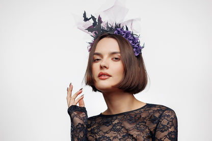Fascinator headband with bat and purple flowers. Halloween crown. Vampire headpiece.