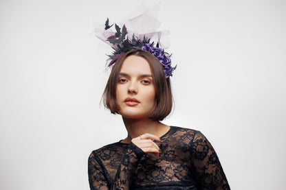 Fascinator headband with bat and purple flowers. Halloween crown. Vampire headpiece.