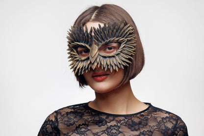 Feather Masquerade Owl Mask: Black and Gold Mask.