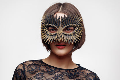 Feather Masquerade Owl Mask: Black and Gold Mask.